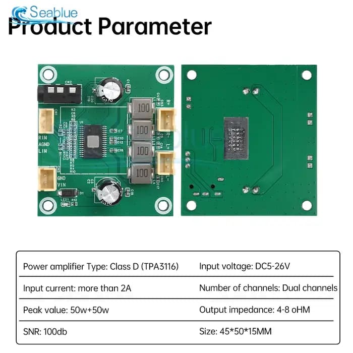 Carte d'amplificateur audio de classe D TPA3116 50W+50W double canal DC 5-26V, qualité sonore haute fidélité 100dB pour haut-parleur, audio domestique, DIY