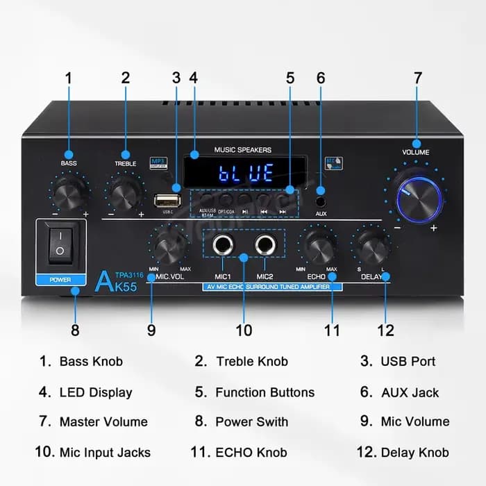 Woopker amplificateur AK55 900W Max 2.0 canaux évalués 70W + 70W Bluetooth Audio Hifi AMP karaoké lecteur de musique Support 110V 220V 12V