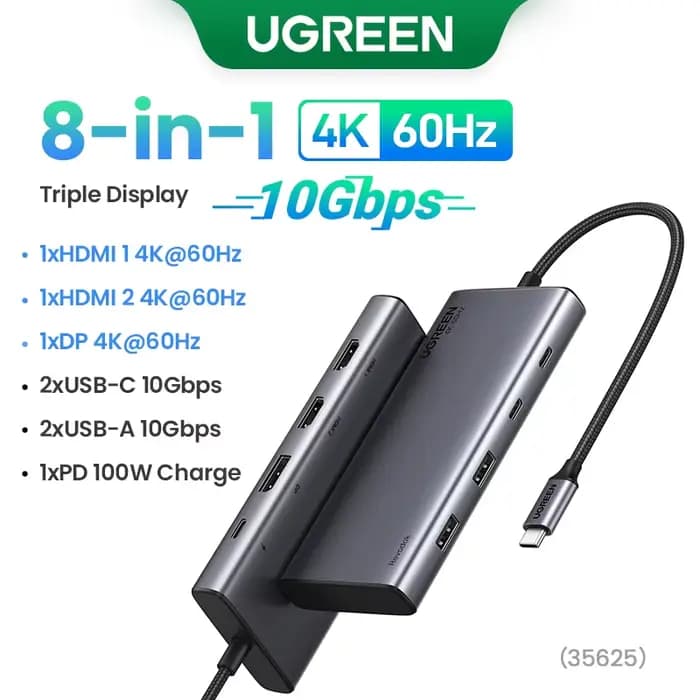 UGREEN-Adaptateur 8-en-1 triple affichage USB C HUB, 10Gbps, 4K HDMI, répartiteur avec HDMI, DP, USB