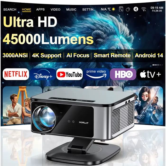 Projecteur 4K Ultra HD 2026 HORLAT 45000 Lumens avec mise au point TOF