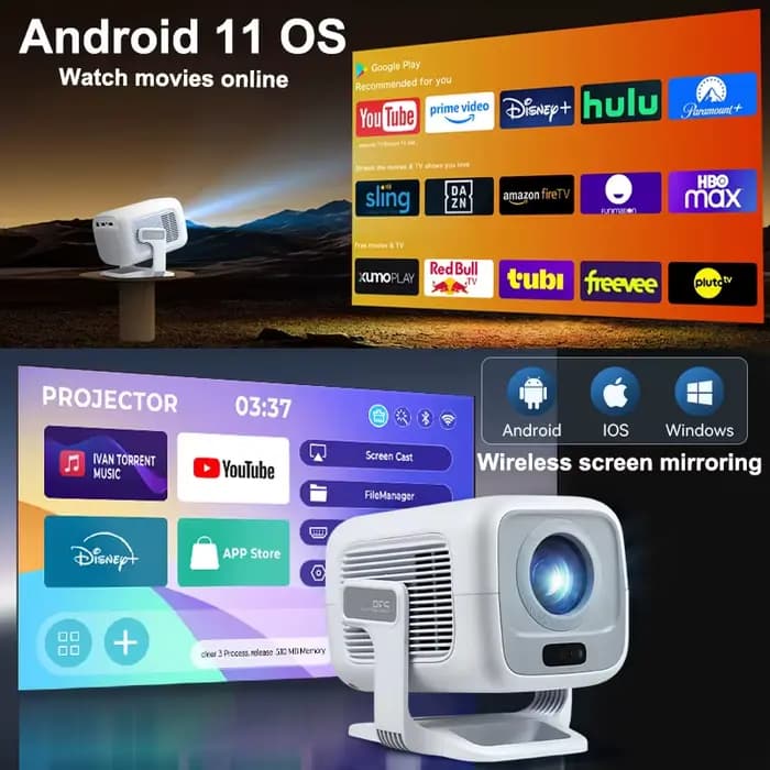 Projecteur HUAWEISHI 4K Android portable natif 1080P avec mise au point automatique 600 ANSI