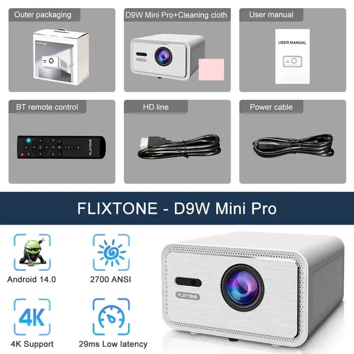 Projecteur Flixtone 2700 ANSI Full HD 1080P D9W Mini Pro Android 14.0 4K pour cinéma maison, vidéo B