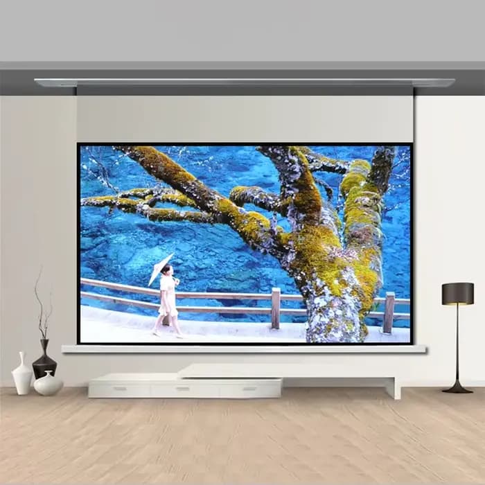 Écran de projecteur encastré blanc en fibre de verre électrique au plafond