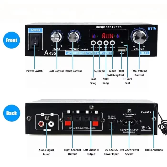 Amplificateur Stéréo Audio Bluetooth, Amplificateurs Numpopularité Domestiques, Hifi, FM, Audio USB, 110-240V, AK35, 800W, 2 Canaux