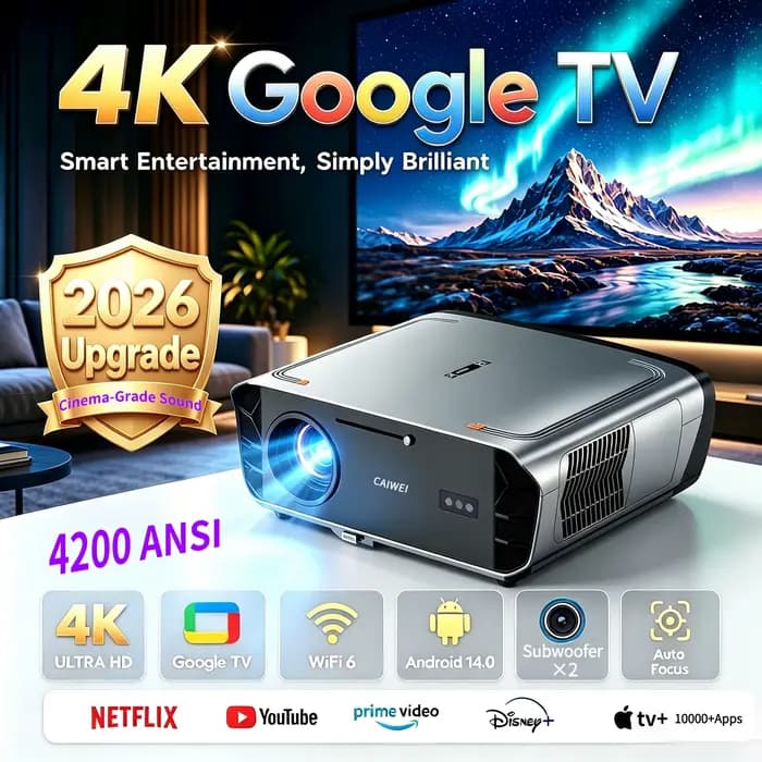 Projecteur 4K UHD 1080P natif 4200 ANSI avec Google TV, autofocus TOF, double haut-parleur, vidéopro