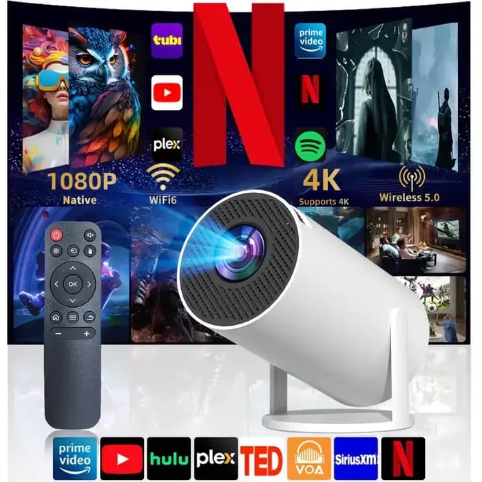 Projecteur intelligent HD, résolution native 1080P, compatible 4K, système Android, WiFi6, 180 ° P