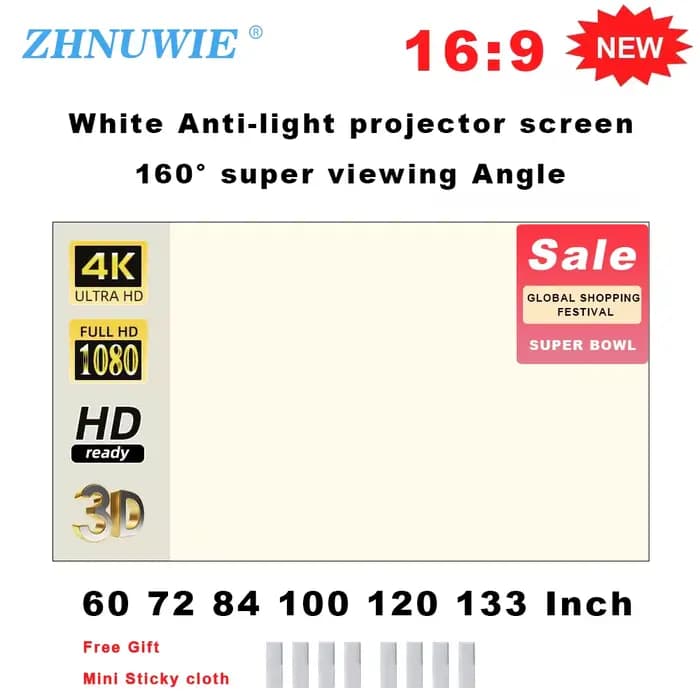 ZHNUWIE écran de projecteur grille blanche Anti-lumière 16:9 écran de Projection pour la maison 72 8