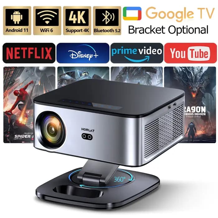 Projecteur HORLAT T09MAX Google TV 4K 40000 Lumens WiFi6 BT5.2 Télécommande Mise au point automatique Full HD 1080P