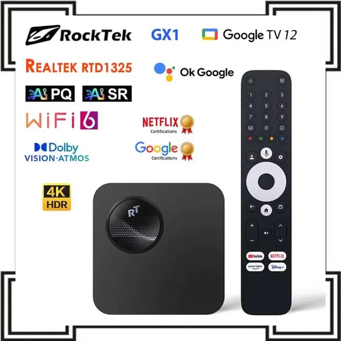 GX1 UHD Google TV 12 boîtier Realtek1325 A55 Edge AI prise en charge Dolby Atmos Vision 2T2R Android TV Box certifié