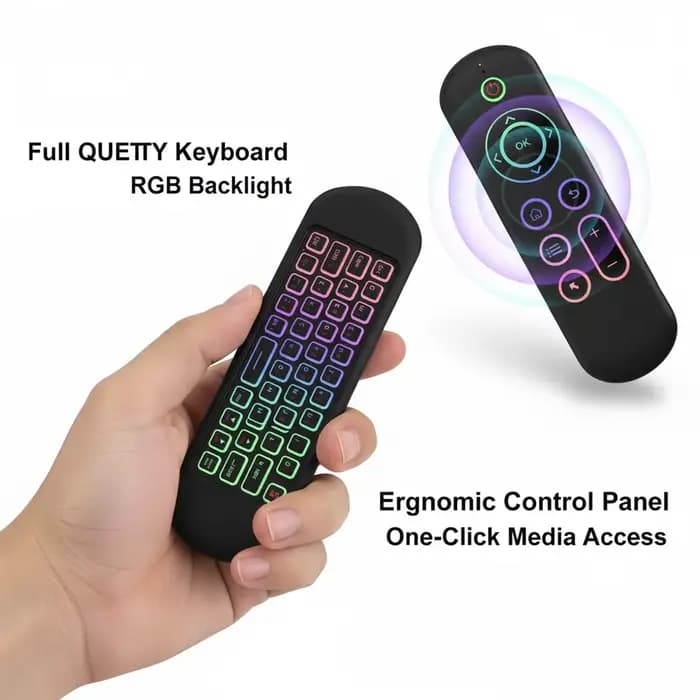 MRSVI Air Mouse télécommande M5 sans fil 2.4G et Bluetooth avec clavier Gyroscope rétroéclairé 7 couleurs pour Smart Android TV Box, PC