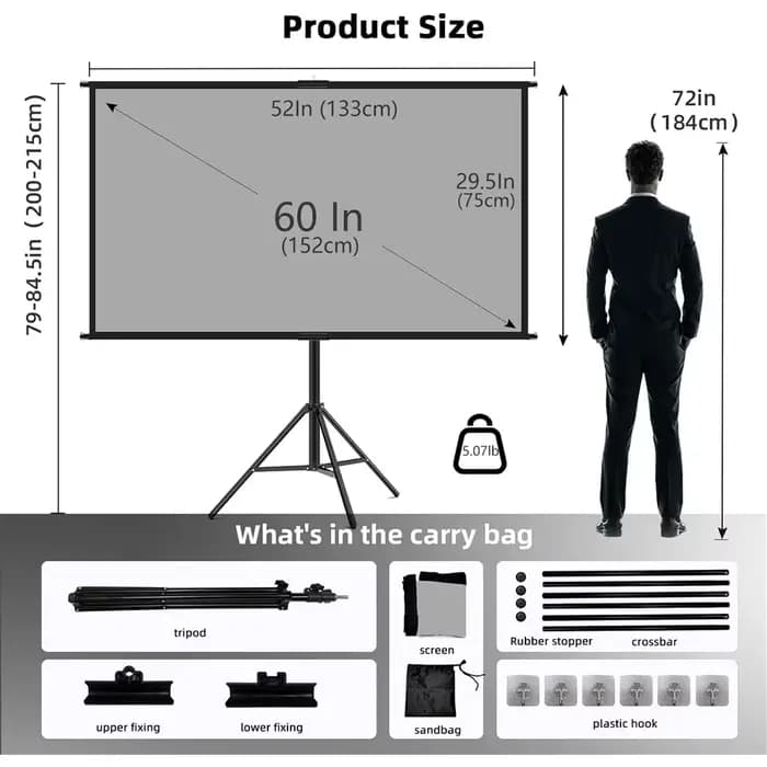 VEIDADZ-Écran de projection avec support, métal gris, anti-lumière, cinéma maison extérieur, 60 pouc