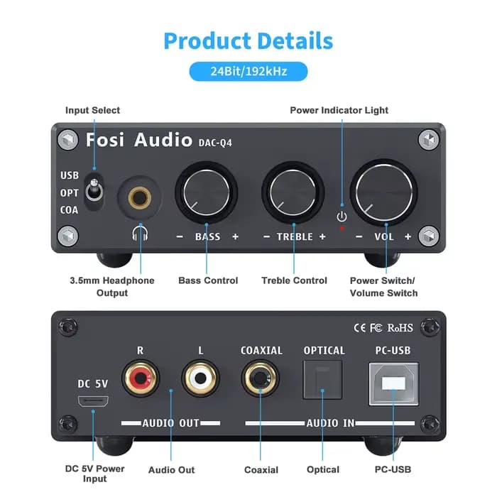 Fosi Audio Q4 Mini stéréo USB Gaming DAC et amplificateur de casque adaptateur de convertisseur