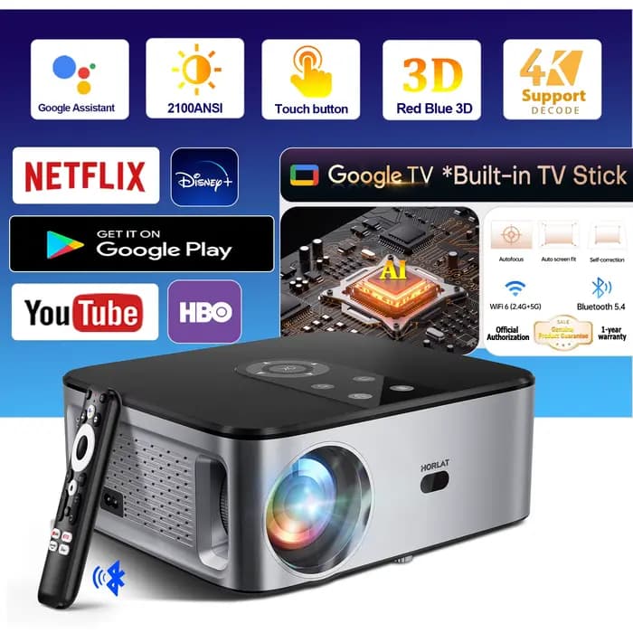 Projecteur LCD HORLAT 40000 Lumens, décodage 4K 8K, Home Cinéma, Système Android 11, 2000 ANSI, Full