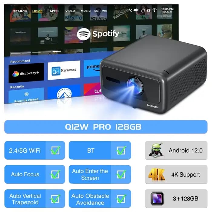Touyinger-Projecteur Q12W PRO, Full HD, 1080P, 4K, 2800 ANSI, Android 12 Cinema Beam, Home Tari, Vid