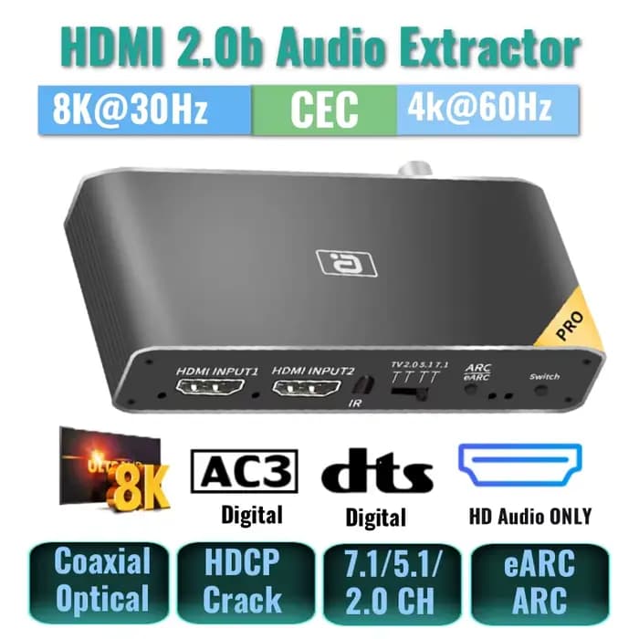 Commutateur Audio HD 8K eARC 7.1CH AC3 DTSHD HdmI2.0b, séparateur 1 entrée 2 sorties, extracteur Aud