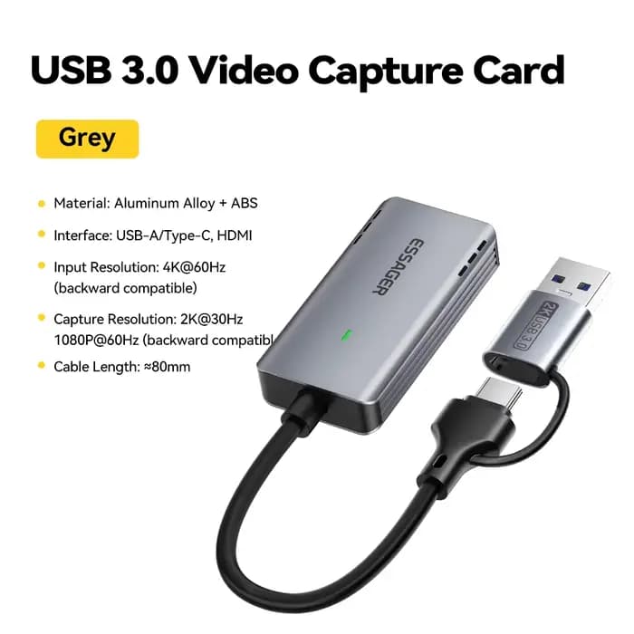 Essager 2 en 1 USB 3.0 carte d'acquisition vidéo 4K HDMI vers USB/type-c jeu diffusion en direct enr