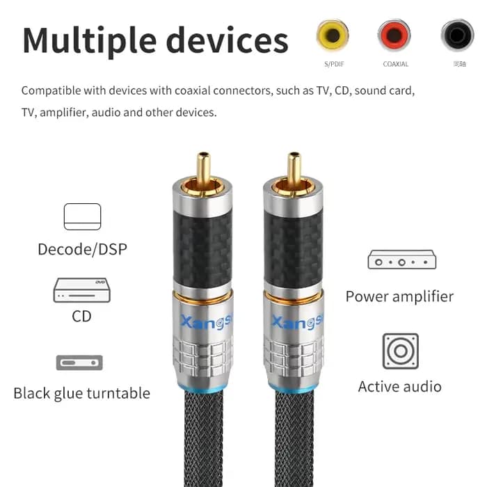 Xangsane 3.7mm 2 OCC plaqué argent coaxial 75 ohm décodeur audio numérique SPDIF caisson de basses RCA TV câble