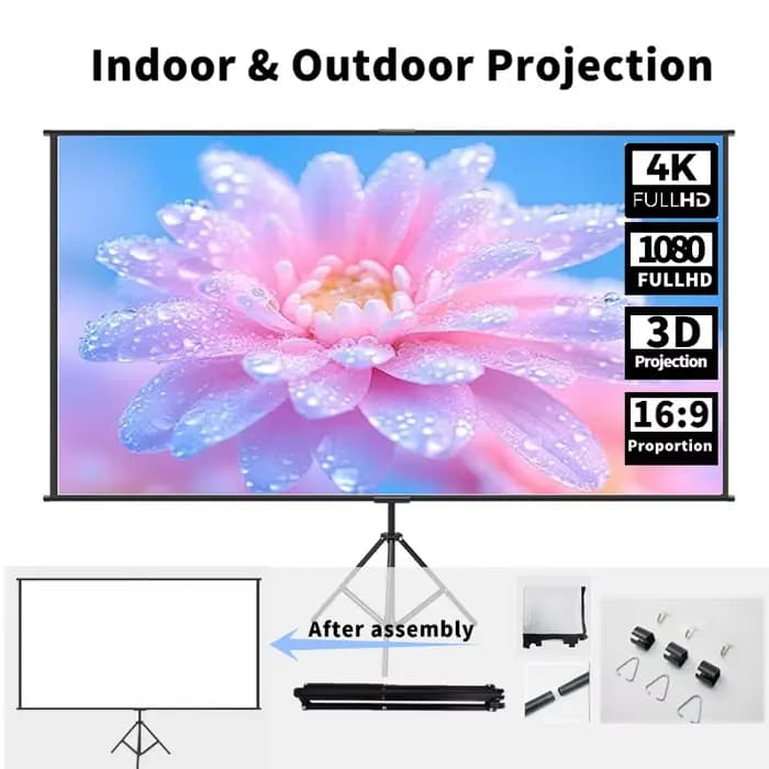 Écran de projection avec support simple - 4K HD 16:9 pour intérieur/extérieur