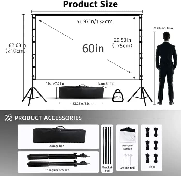 Écran de projecteur VEIDADZ avec support blanc sans plis 160 ° Angle de vision 60-150 pouces, écra