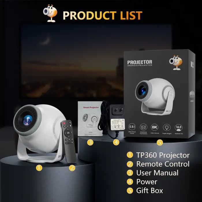 Velec TP360 Mini projecteur 8K décodage Android 14 mise au point automatique 450 ANSI 720P HD projec