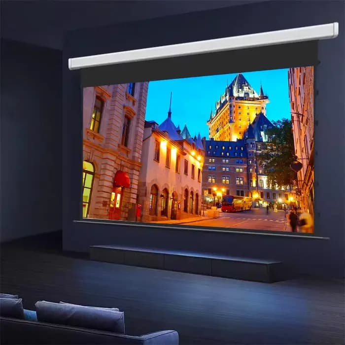 Écran de projecteur de Tension d'onglet motorisé en matériau blanc de cinéma de haute classe 60-150