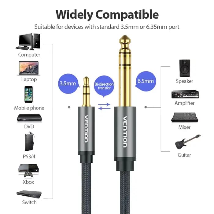 Vention – adaptateur de câble auxiliaire Audio 6.5 à 3.5 Jack, pour haut-parleur, amplificateur de guitare, TRS, 3.5mm à 6.5mm