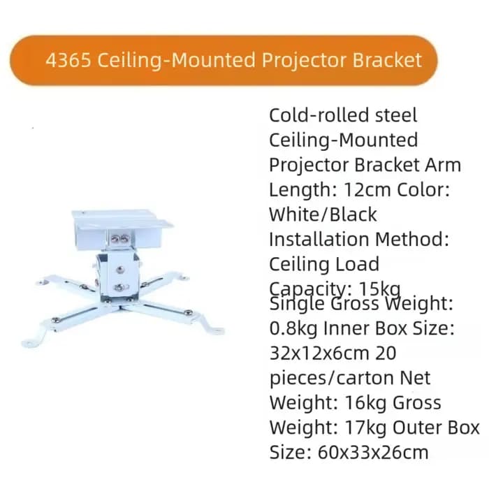 Support de plafond pour projecteur en métal avec hauteur verticale réglable de 12 cm et conception à profil bas pour une installation professionnelle