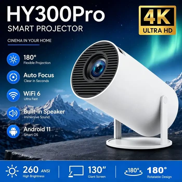 Projecteur HY300 PRO Android 11 8000 Lumens 4K Double Wifi6 260ANSI BT5.4 1080P 1280*720P Home Cinema portable