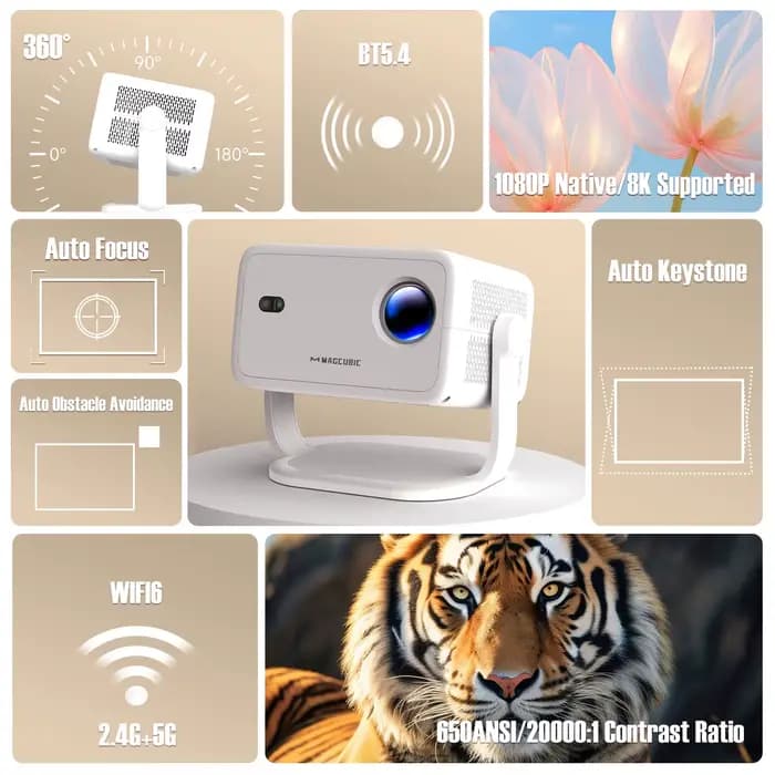 Magnécanique Natif 1080P 650ANSI 8K Android 14 L018 360 ° Projecteur avec mise au point automatique Keystone Air Mouse
