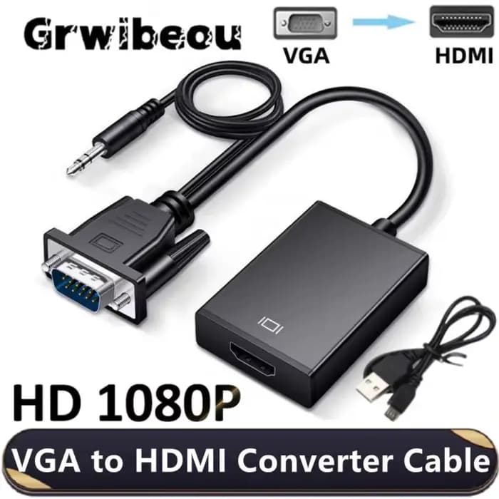 Câble adaptateur VGA vers HDMI HD 1080P avec sortie Audio 3.5mm + convertisseur VGA