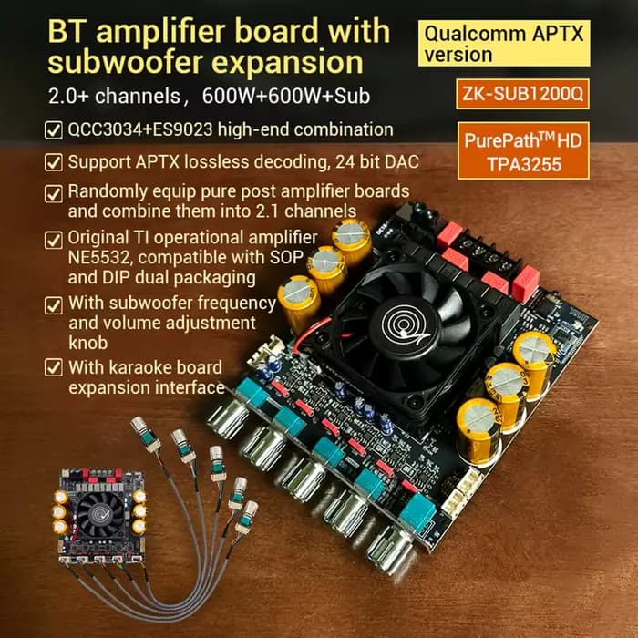 SUB1200Q amplificateur Bluetooth 2.0 canaux 600Wx2 stéréo APTX HD