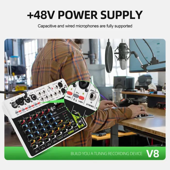 Interface audio V8 avec Bluetooth 5.0 et alimentation fantôme pour enregistrement sur ordinateur
