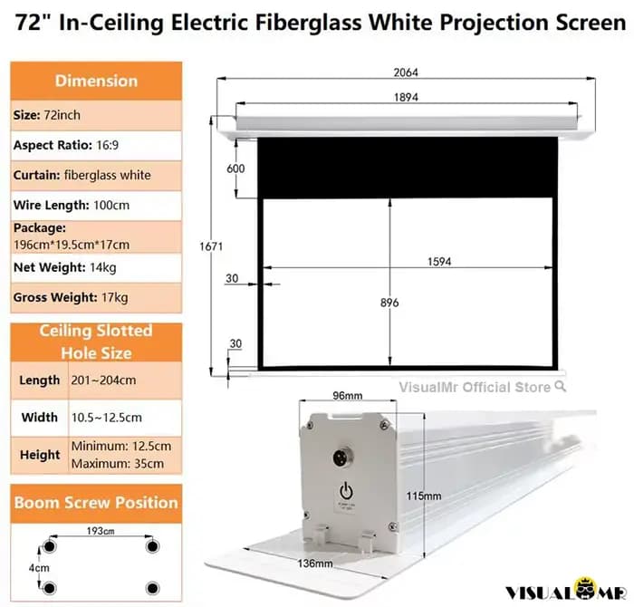 Écran de projection électrique au plafond, écran de projection blanc mat, FiViolet AI Smart Hurized,