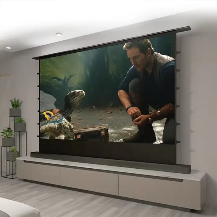 Écran de projection à la hauteur du sol enroulable Hurized avec onglet, tension, cinéma, blanc, tous