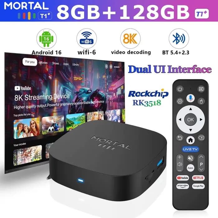 Nouvelle Box TV Android 16.0 T1+ 8K HD 2026 RK3518 Quad Core 8 Go RAM 128 Go ROM Double Wi-Fi 2.4G/5.8G Lecteur Multimédia Home Cinéma Ultra HD