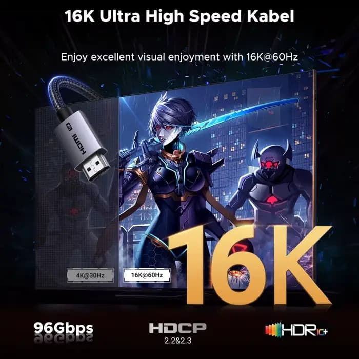 Câble vidéo HDMI 2.2 UGREEN HD 2m tressé 16K@60Hz 4K 8K@240Hz 96Gbps pour PS5 TV PC Moniteur Ordinateur Switch