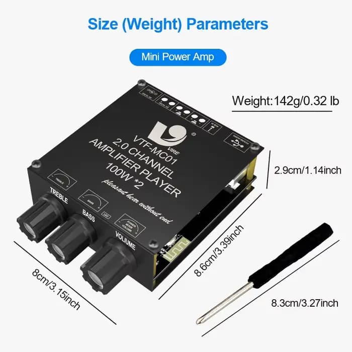 VIRE 2*100W double canal Bluetooth 5.3 carte amplificateur de puissance numérique 2.0 canaux stéréo caisson de basses