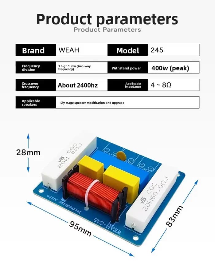 Crossover audio professionnel 2 voies 1 haut 1 bas 400W de qualité Hi-Fi pour accessoires de haut-parleurs