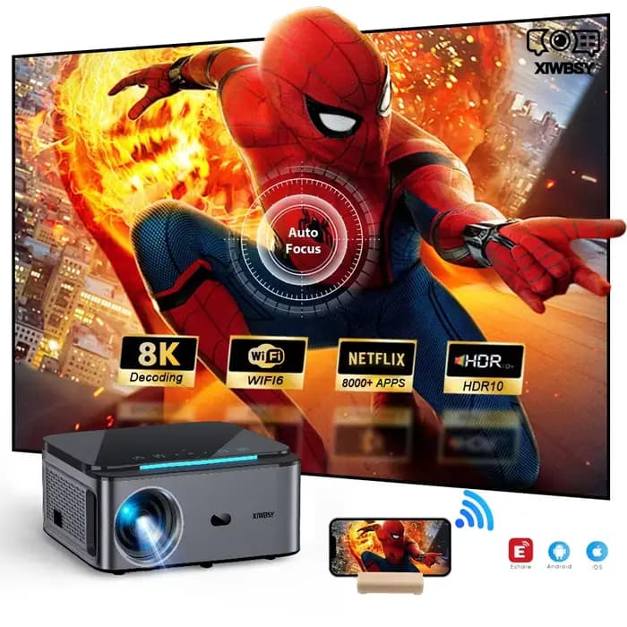 Projecteur Android XIWBSY 1000 ANSI Lumens 25000 Lumens 4K avec Auto Focus/Correction Trapézoïdale p
