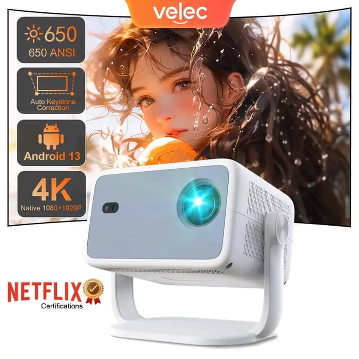 Projecteur Velec TP350 sous licence Netflix 4K 1080P Android 13 650ANSI Wifi6 BT5.2 avec correction automatique de la